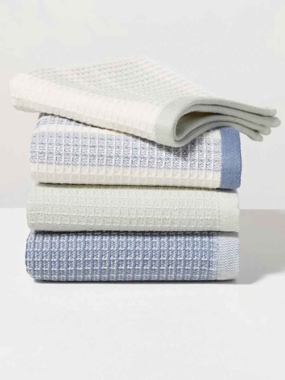 Waffle Weave Wash Cloth Towel Set in Blue and Cream 12”
